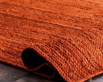 Handwoven Orange Jute Rectangle Rug – Natural Fiber, Custom Size (Eco-Friendly)
