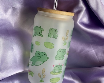 16oz Glass Cup/ Frogs / Kawaii / Glass Cup with Lid/