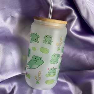 16oz Glass Cup/ Frogs / Kawaii / Glass Cup with Lid/