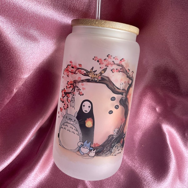 16oz Glass Cup/ Anime Inspired Glass Cup/ SG / Glass Cup with Lid/ Anime Cup