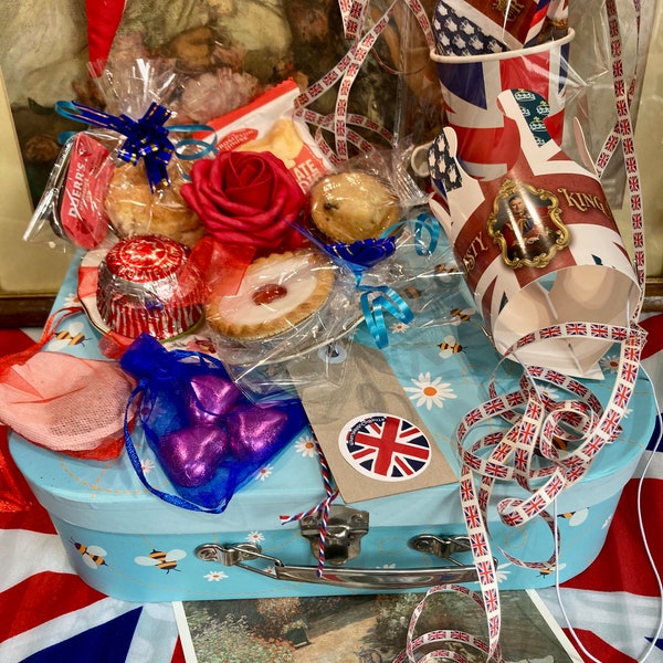 Vintage Coronation Afternoon Tea Hamper with scone jam & selection of cakes with pretty china plate and Coronation party pack send direct