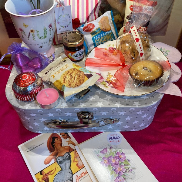 Deluxe Vintage Afternoon Tea in a case hamper with a Mum Cup, pretty vintage china plate scone jam and a selection of mini cakes - fab gift