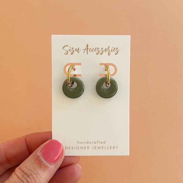 Handmade Olive Green Polymer Clay Earrings, Gold Hoops, Interchangeable Charms, Silver Hoop