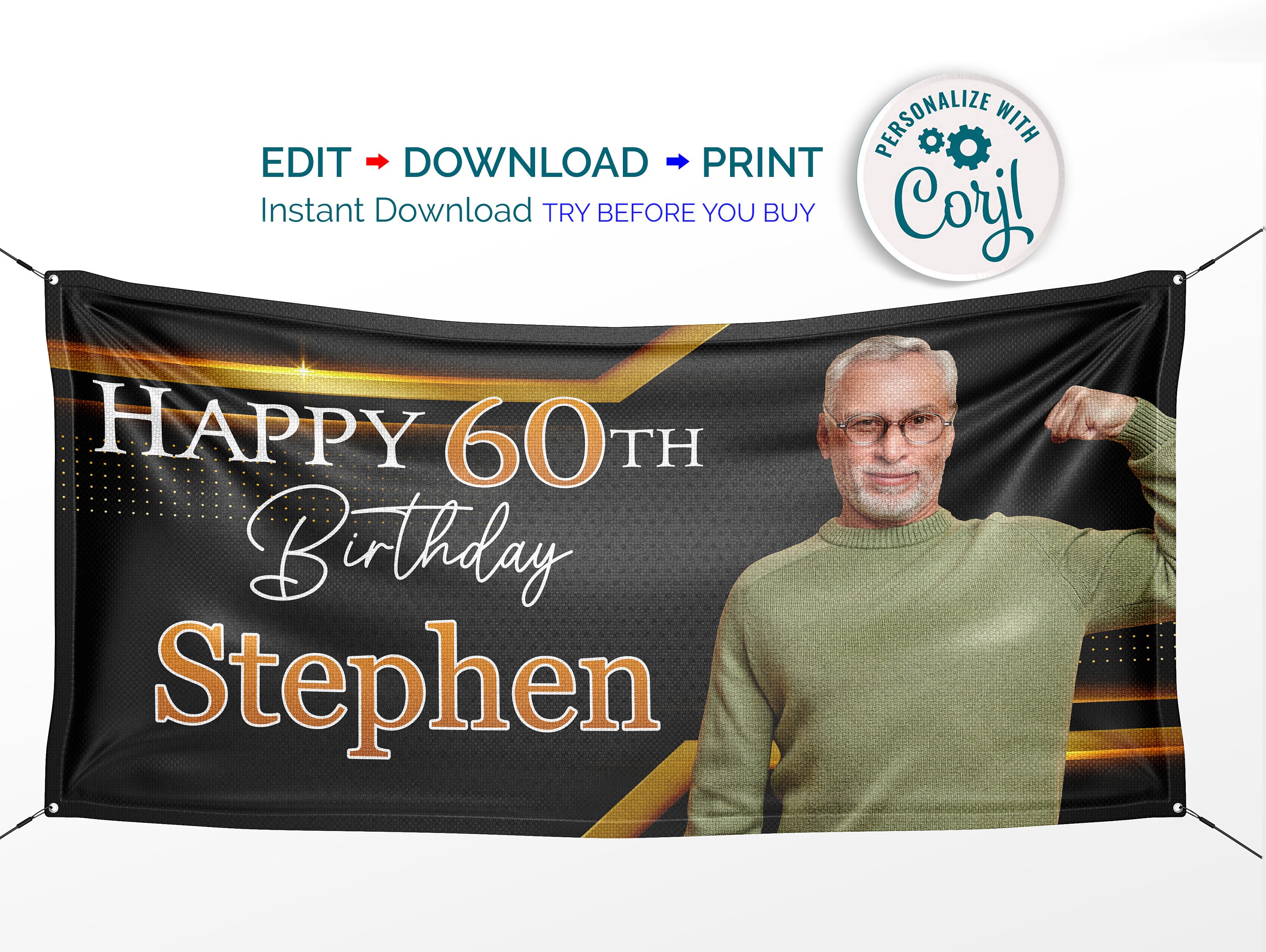 Printable Happy 60th Birthday Banner Black and Gold Editable Etsy