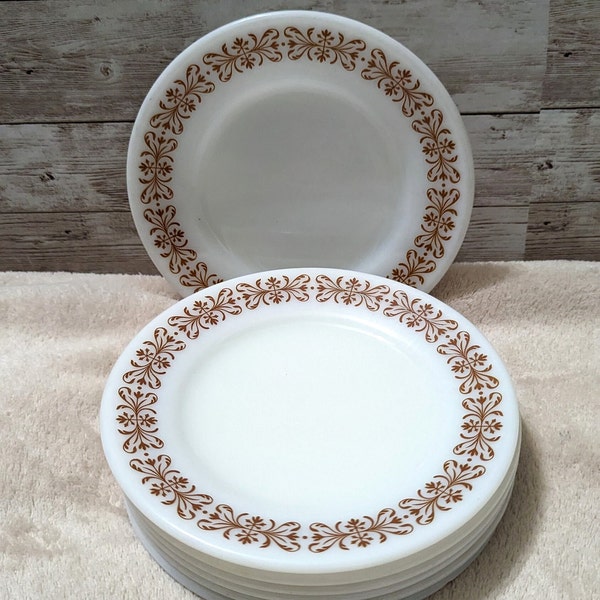 Vintage Pyrex Plates - Double-Tough - White Milk Glass with Copper Filigree