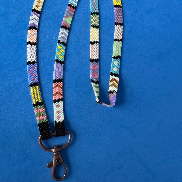 Beaded Lanyard / Beaded ID Tag Lanyard/ Peyote Stitch Lanyard / Handmade Lanyard/ Multi-colored Lanyard/ Woven Bead Lanyard/Beaded Keychain/