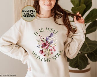 Sudadera "Está bien con mi alma" / Sudadera con letras de himnos de iglesia con flores silvestres rojas y moradas, sudadera con fe floral