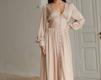 beige long dress with sleeves