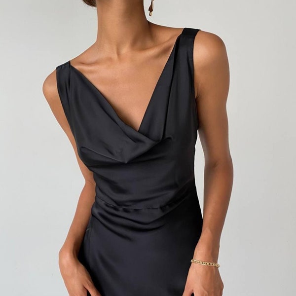 Robe en soie noire pour femme, robe dos nu avec col bénitier, demoiselles d'honneur pour des occasions spéciales, robe longue en soie rouge personnalisée pour femme, minimaliste