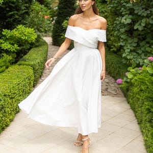 White Tea Length Bridal Dress, Off Shoulder Dress, Bridal Gown, Midi Wedding Dress, Bridal Shower Dress, Off-Shoulder Gown, Midi Dress