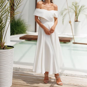 White Off Shoulder Dress, Crepe White Midi Dress, Bride Engagement Dress, Courthouse Wedding Dress, Bridal Shower Dress, A-line Midi Dress