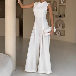 White Jumpsuit For Wedding, Bridal Jumpsuit, Formal Jumpsuit Sleeveless, Brides Reception Romper, Women Formal Jumpsuit, Wide Leg Jumpsuit