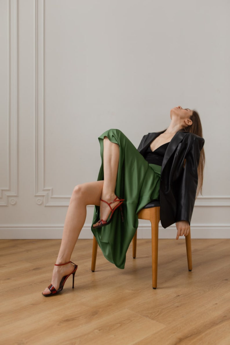 Silk skirt olive maxi long skirt trendy woman silk green skirt image 7