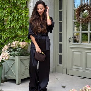Black Two-Piece Satin Set for Women, 2 Piece Set Shirt and Palazzo Pants with Pockets, Satin Oversized Black Women Suit, Womens loungewear