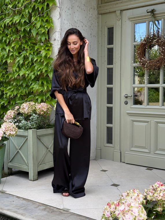 Black Two-Piece Satin Set for Women, 2 Piece Set Shirt and Palazzo Pants with Pockets, Satin Oversized Black Women Suit, Womens loungewear
