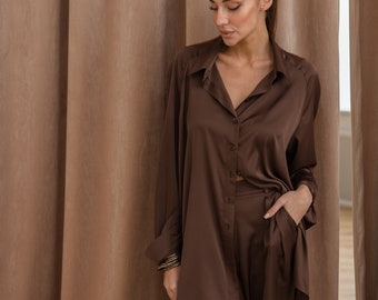 Silk suit  silk blouse silk trousers pants chocolate silk costume casual woman clothes silk shirt daily clothes