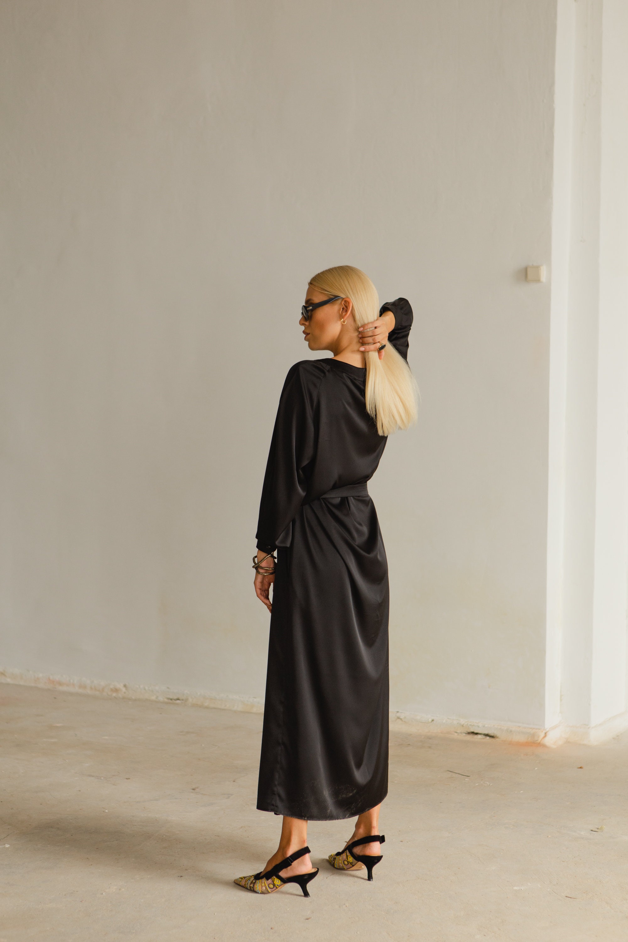V Neck Long Black Dress, Casual Silk Dress, Black Formal Dress, Sleeveless Midi Cocktail Dress, Evening Dress, Long Sleeve Dress