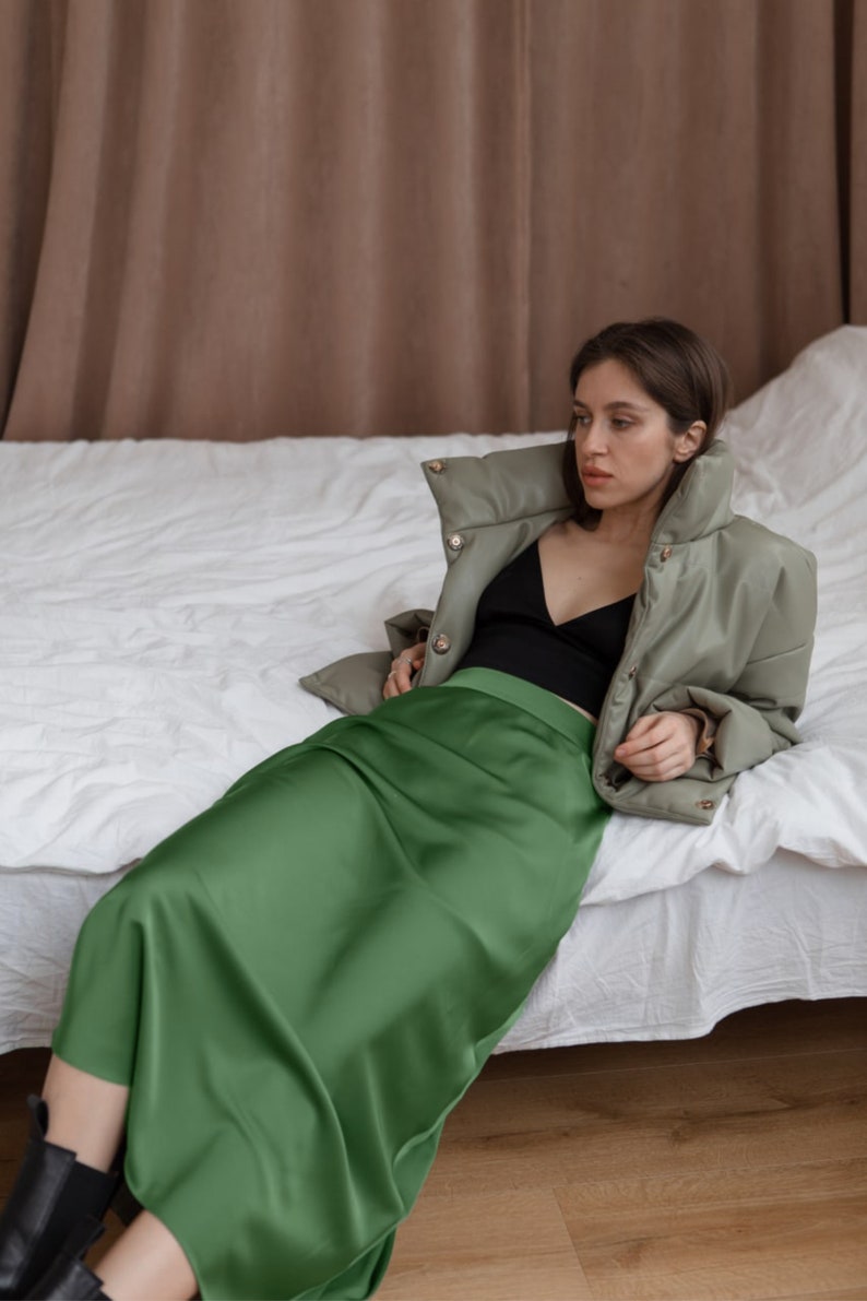 Silk skirt olive maxi long skirt trendy woman silk green skirt image 4