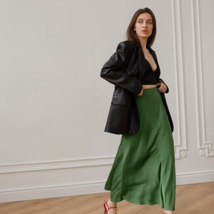 Silk skirt olive maxi long skirt trendy woman silk green skirt silk slip elegant skirt Casual skirt for spring