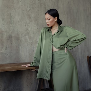 Silk blouse, olive blouse, sheer silk blouse,  silk crepe blouse,  blouse, woman blouse,  minimalist blouse,  blouse women,  casual blouse