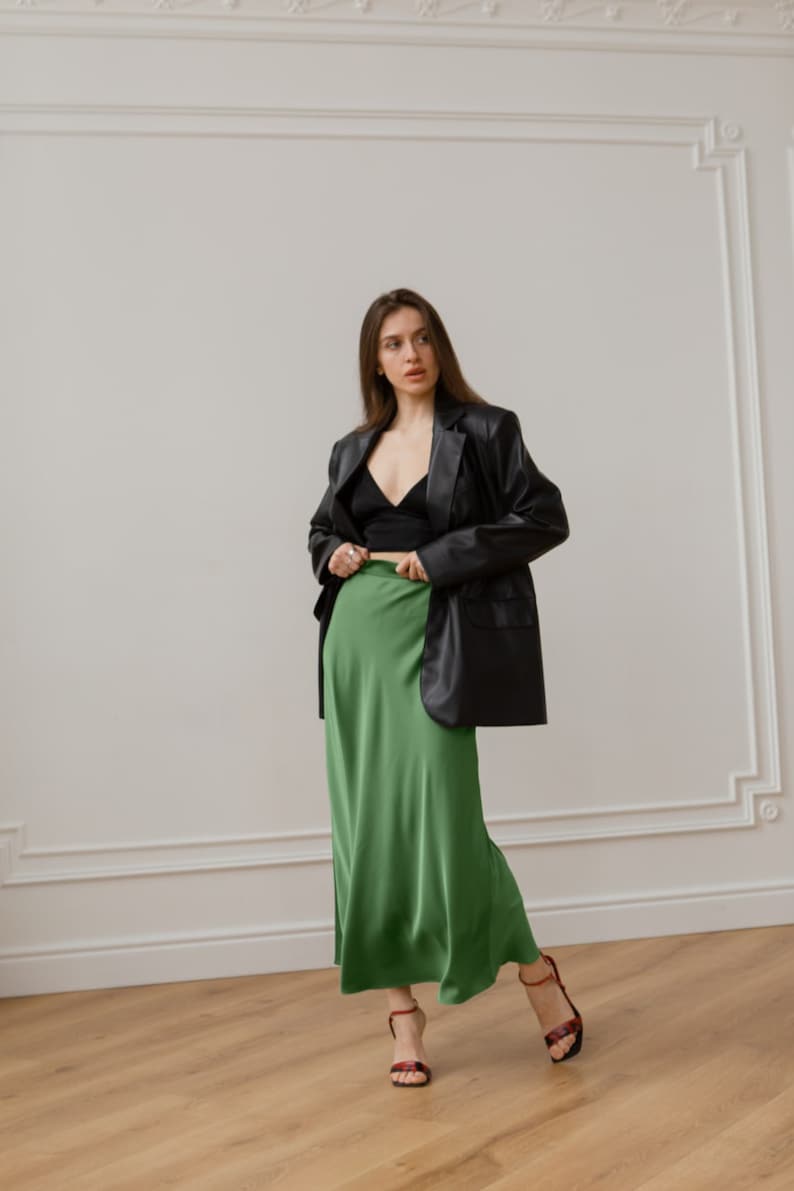 Silk skirt olive maxi long skirt trendy woman silk green skirt image 2