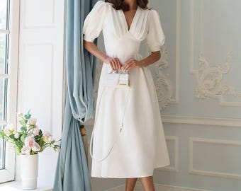 White Midi Wedding Dress with Puff Sleeves, Elegant V-Neck Wedding Dress, Civil Wedding Dress, Bridal Shower Dress, A-Line Cottagecore Dress