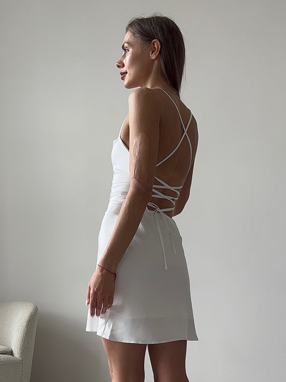 silky white dress short Off White Mini Satin White Dress, Silk Dress, Wrap Dress, Ivory Satin Dress with Short Sleeves, Bohemian Summer Dress, Beach Wedding Dress