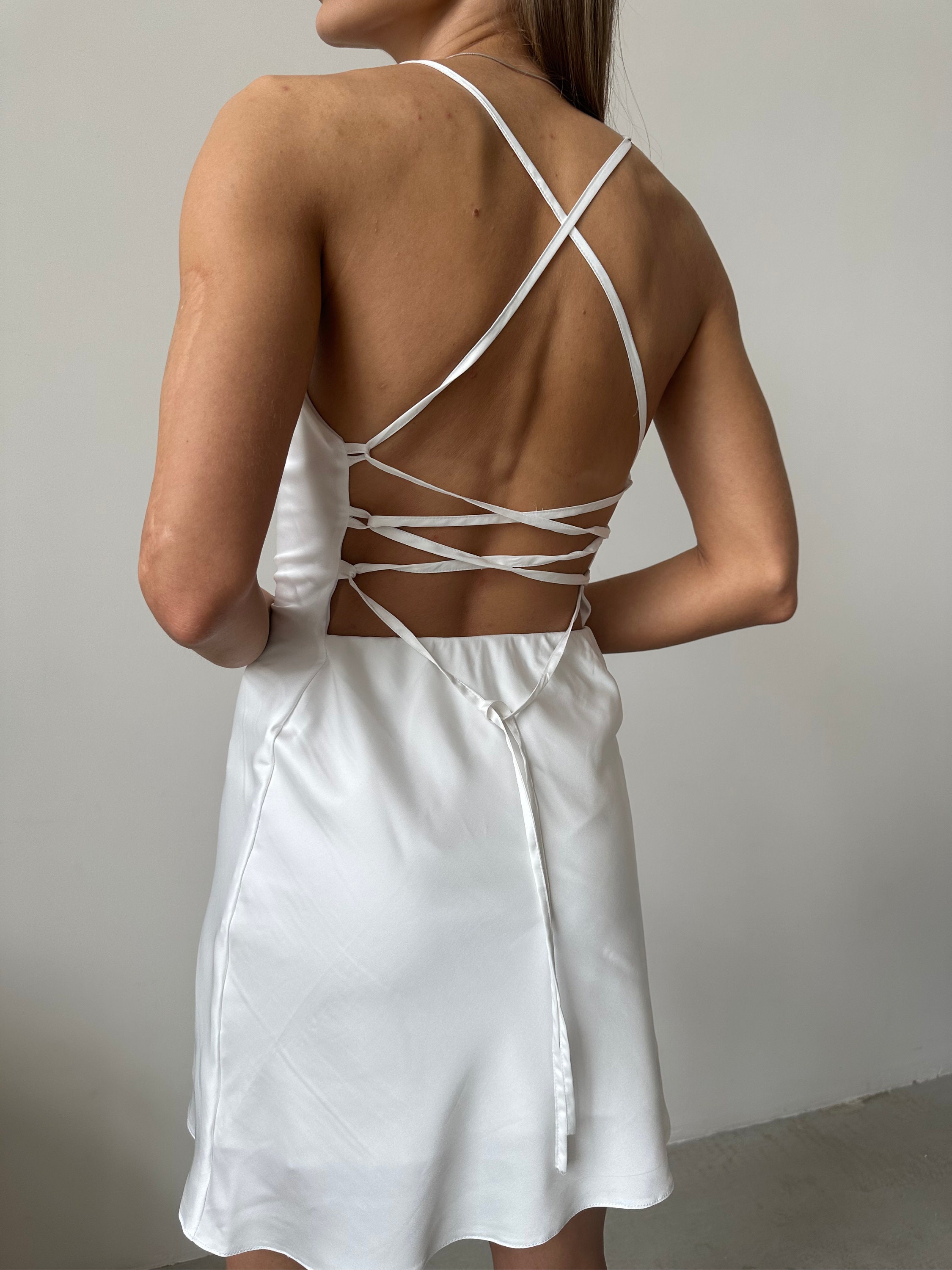 white silk mini slip dress Iza Slip Dress in Satin Ivory