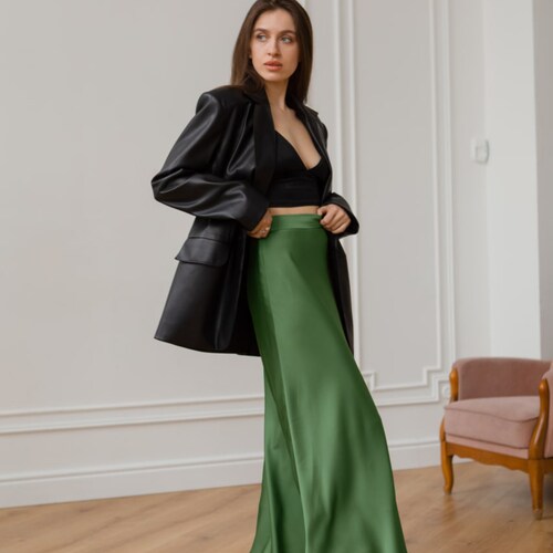 Silk skirt olive maxi long skirt trendy woman silk green skirt silk slip elegant skirt Casual skirt for spring