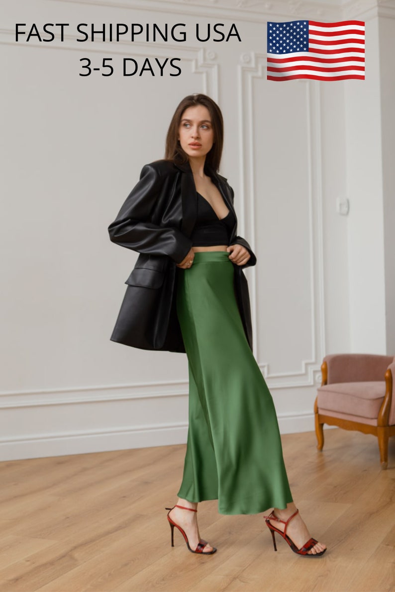 Silk skirt olive maxi long skirt trendy woman silk green skirt image 1