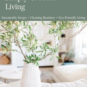 Puede incluir: Portada de libro titulada "Simply Greener Living" con el subtítulo "Sustainable Swaps, Cleaning Routines, Eco-Friendly Living". Un jarrón blanco con ramas verdes y frondosas en primer plano. El fondo es un salón borroso.