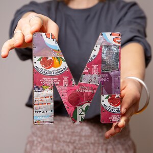 May include: A large letter M constructed from recycled juice cartons. The letter is decorated with colourful labels and held in front of a person wearing a grey shirt.