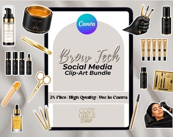 Brow Tech Clip Art-paket Lyxigt Guld | Mallar för Instagram-inlägg | Canva Clip Art | Bryn Tech-varumärkesgrafik | Varumärkesbyggande för skönhetsföretag