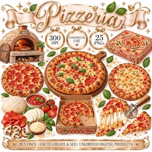 Puede incluir: Una colección digital de gráficos de pizza que incluye un horno de piedra, varias pizzas enteras, una caja de pizza, pepperoni, champiñones, mozzarella, salsa de tomate, hojas de albahaca y un cortador de pizza con el texto Pizzeria.