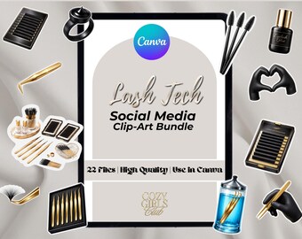 Lyxigt guldfärgat clipartpaket med fransteknik | Mallar för sociala medier | Canva-clipart | Lash Tech-varumärkesgrafik | ClipArt för skönhetsföretag
