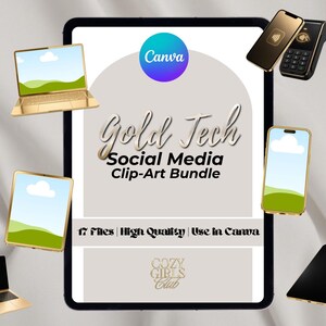 Luxury Gold Technology Clipart Frames Bundle PNG | Canva Social Media Kit | Phone Tablet Laptop Mockup | Beauty Business Branding Bundle