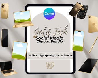 Lyxiga guldfärgade teknik clipartramar paket PNG | Canva sociala medier-kit | Telefon surfplatta laptop mockup | Skönhetsföretag varumärkesbyggande paket