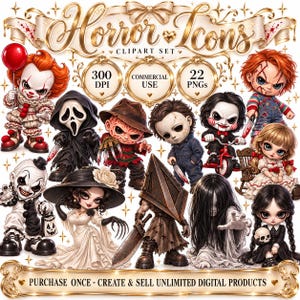 May include: A digital clipart set titled Horror Icons featuring 22 PNG files at 300 DPI for commercial use. The collection includes stylised illustrations of various horror characters such as clowns, dolls, and masked figures with weapons.