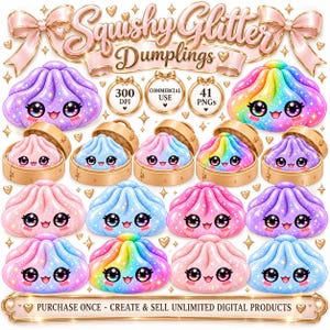 Może przedstawiać: Cyfrowa kolekcja Squishy Glitter Dumplings przedstawiająca różne pastelowe i tęczowe postacie z dużymi oczami i uśmiechniętymi twarzami. Niektóre znajdują się w bambusowych parowarach. Tekst: Squishy Glitter Dumplings, 300 DPI, Commercial Use, 41 PNGs, oraz Purchase Once - Create & Sell Unlimited Digital Products.