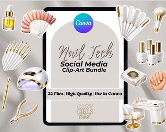 Lyxiga Nail Tech Clipart-klistermärken i vitt och guld | Mall för innehåll i sociala medier för skönhetsföretag | Innehållsmarknadsföring | Verktyg för innehåll i nagelteknik