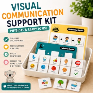Può includere: Un kit di supporto alla comunicazione visiva con il testo "VISUAL COMMUNICATION SUPPORT KIT". Il kit include schede con immagini e parole per le routine quotidiane, le emozioni e le attività. Progettato per bambini con autismo e ritardo del linguaggio.