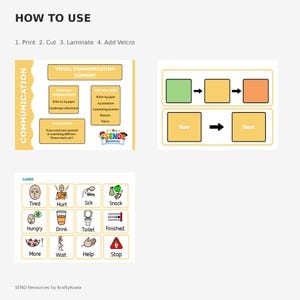 May include: Visual communication support materials with instructions: Print, Cut, Laminate, and Add Velcro. Includes cards with words and images for various needs and feelings. The image also shows a step-by-step process with colored boxes and arrows.