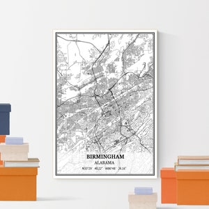 Birmingham Alabama USA Amerika Kaart Print Wall Art Canvas Poster Artwork Unframed Modern Zwart-Wit City Road Map Home Decor
