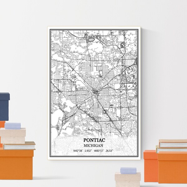 Pontiac Michigan USA America Map Print Wall Art Canvas Poster Artwork Unframed Modern Black and White City Road Map Souvenir Gift