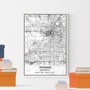 Wyoming Michigan USA America Map Print Wall Art Canvas Poster Artwork Unframed Modern Black and White City Road Map Souvenir Gift