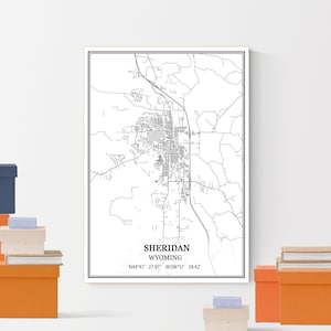 Sheridan Wyoming USA America Map Print Wall Art Canvas Poster Artwork Unframed Modern Black and White City Road Map Home Decor Souvenir Gift