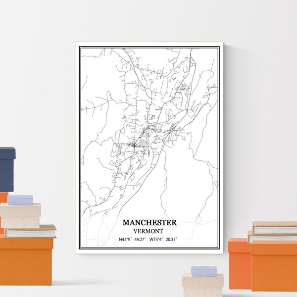 Manchester Vermont USA America Map Print Wall Art Canvas Poster Artwork Unframed Modern Black and White City Road Map Souvenir Gift