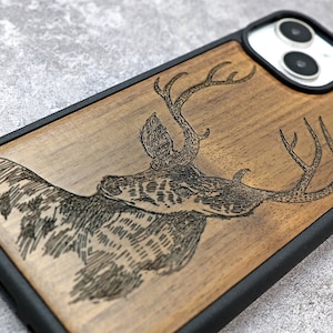 Engraved Deer Wood Phone Case: iPhone, Samsung, Pixel