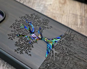 Tree Engraved Wood iPhone Case: Abalone & Mother of Pearl Inlays