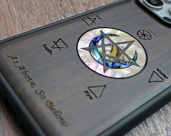Witchcraft Handyhülle aus Holz: Perlen-Inlay, Pentagramm-Design
